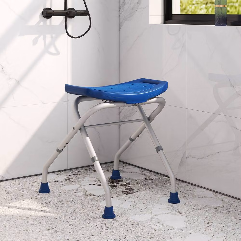 Costway Height Adjustable Folding Shower Stool with Handle in Blue – 2