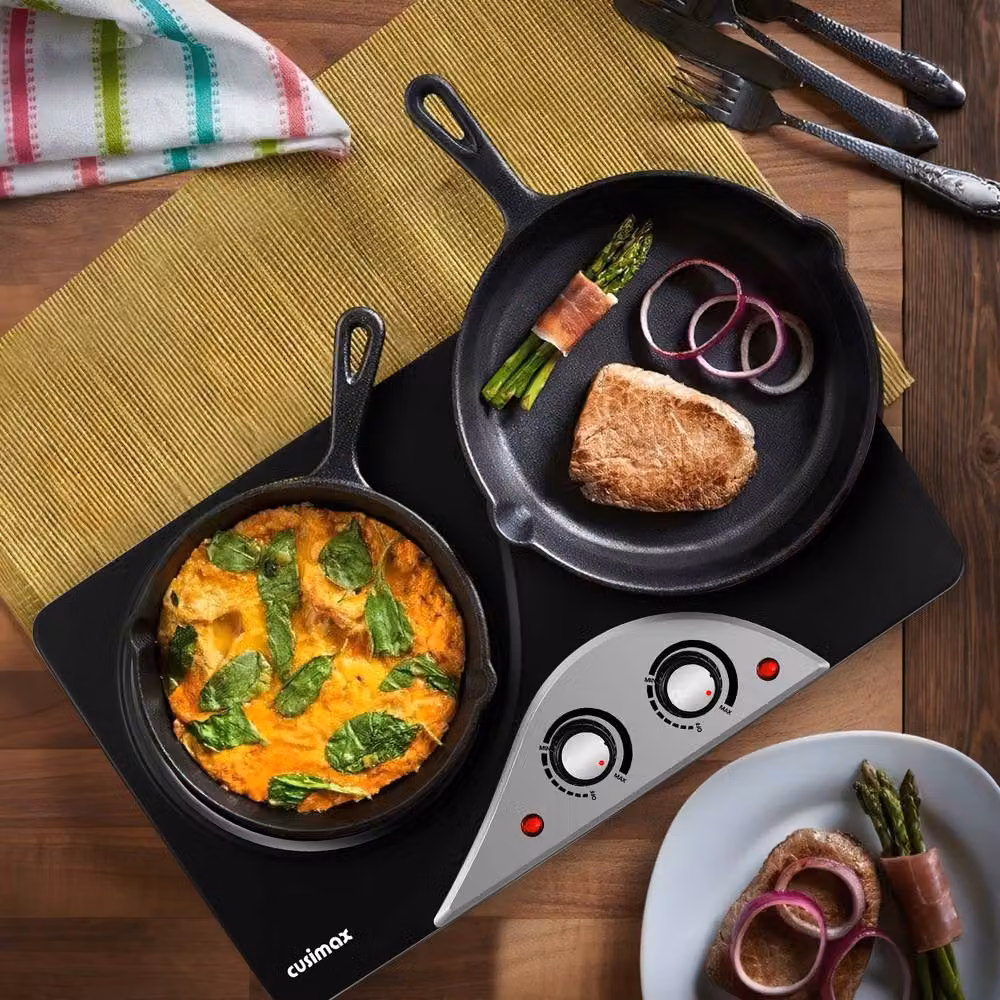 Cusimax Black 2100W Ceramic Double Burner Hot Plate with Analog Dials – 2
