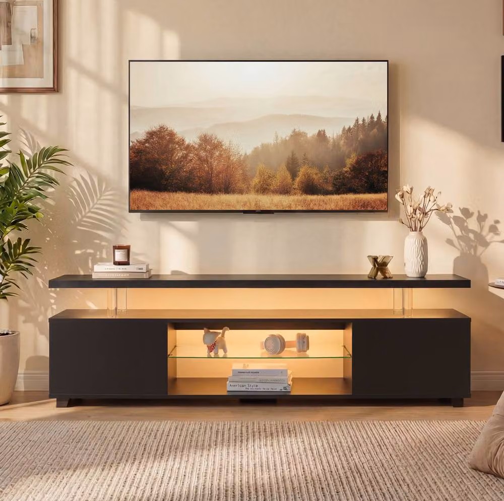 STILVORA Modern TV Stand with Storage and LED Lighting in Black and Multicolour – 2