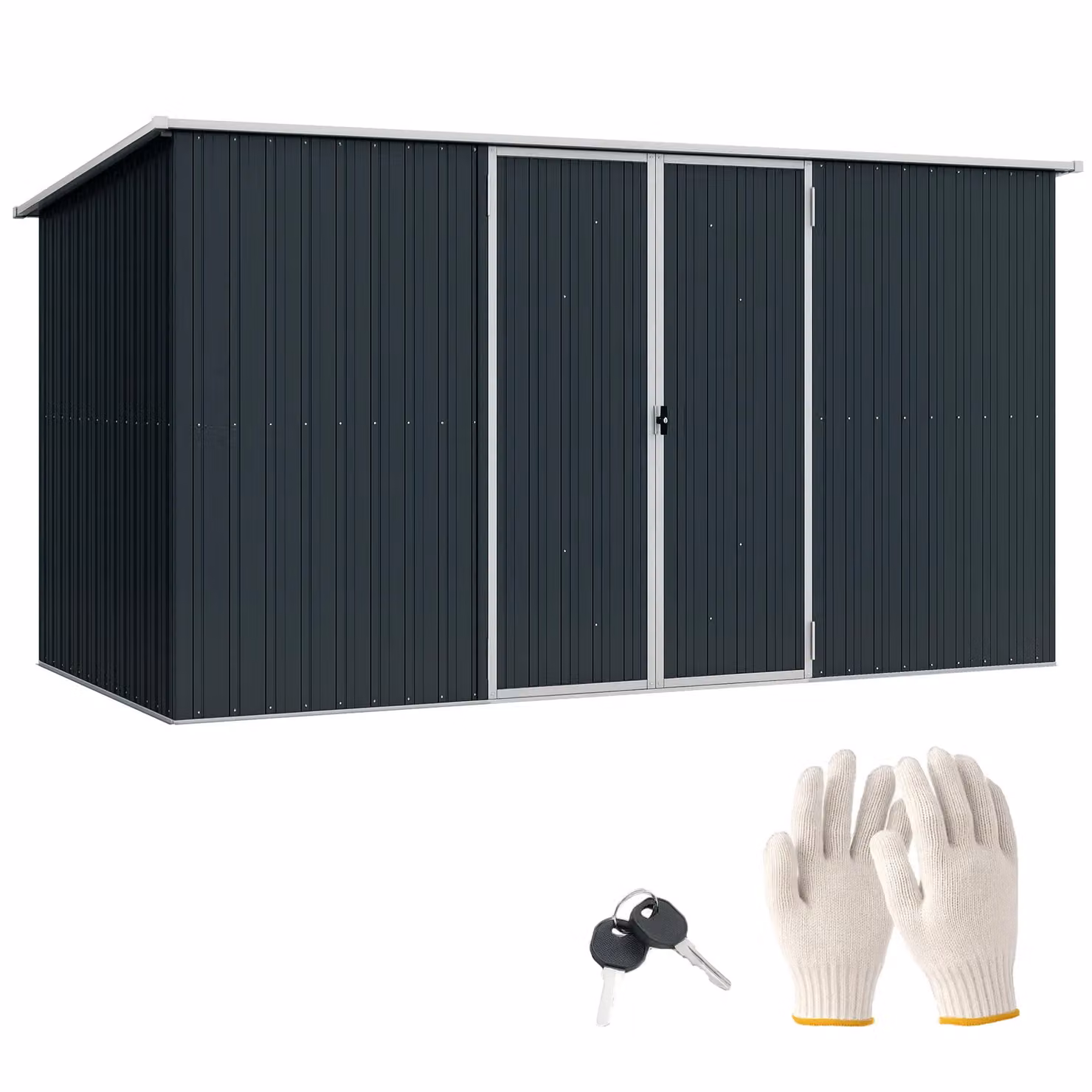 OUTSUNNY Grey Galvanised Metal Pent Garden Shed with Lockable Doors – 2