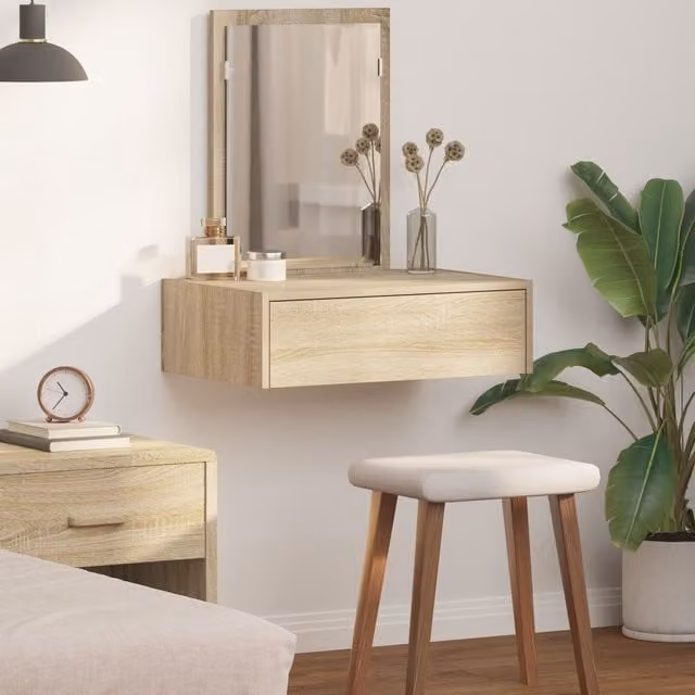 Berkfield Home Sonoma Oak Wall Hanging Dressing Table in Beige, W/D/H: 60 x 40 x 70 cm