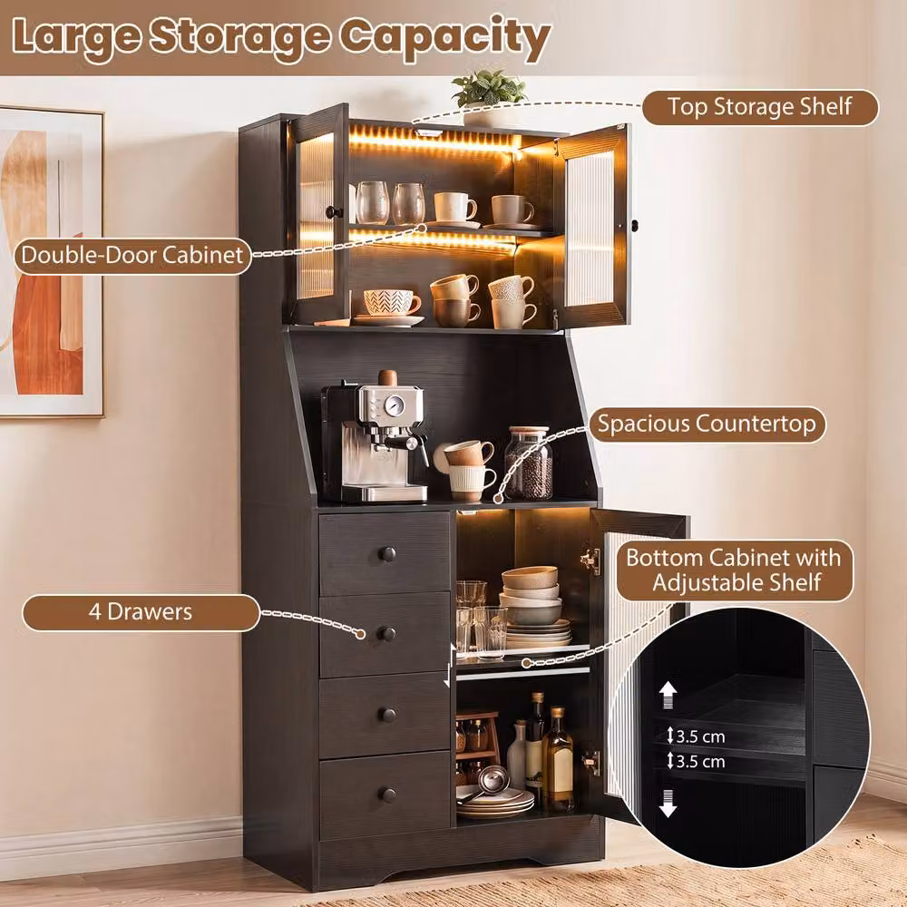 Gymax Black Freestanding Kitchen Pantry and Coffee Bar Cabinet with Integrated LED Lights – 10