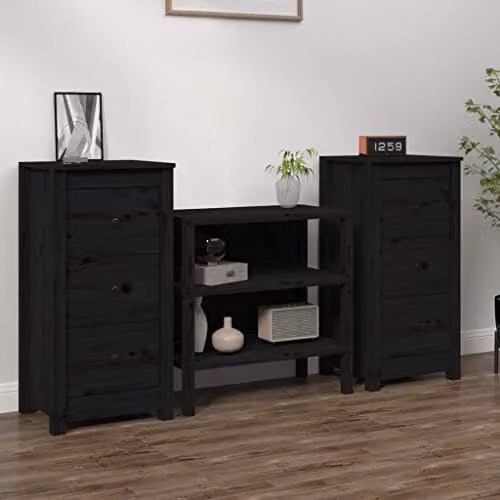 vidaXL Set of 2 Solid Wood Pine Sideboards in Black, W/D/H: 80 x 40 x 35 cm – 2