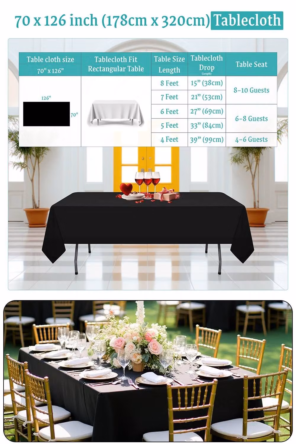 Neel Blue 10-Piece Premium Polyester Rectangular Tablecloth Set in Black, W: 177.8 cm x L: 320.04 cm – 1