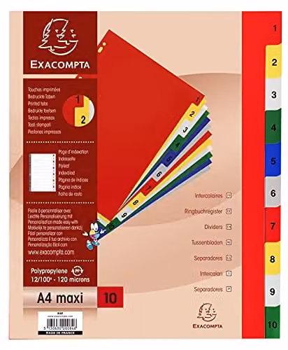 Exacompta A4 Maxi Plastic Dividers with 10 Numbered Multicolour Tabs