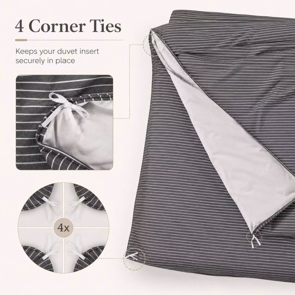 Pamposh Reversible Charcoal Grey Pin Stripe Microfibre Duvet Cover Set, W/D/H: 200 x 200 cm – 5