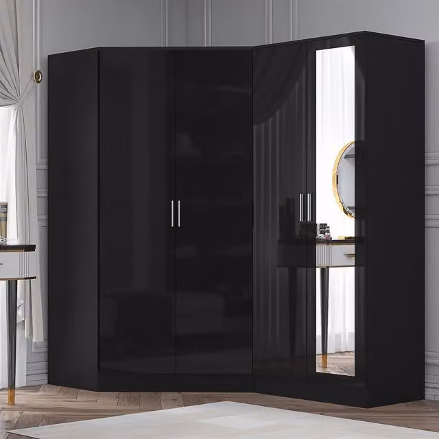 REFLECT Wardrobe Bundle featuring a 2 Door Corner Wardrobe and a 2 Door Mirror Wardrobe in Black Gloss and Black Oak finish