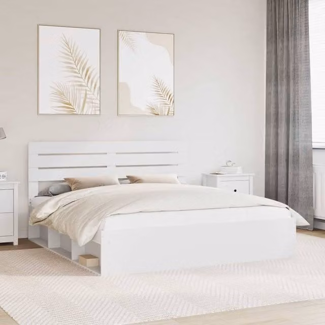 Berkfield Home White Solid Pine Wood Bed Frame with Headboard W/D/H: 200 x 200 cm