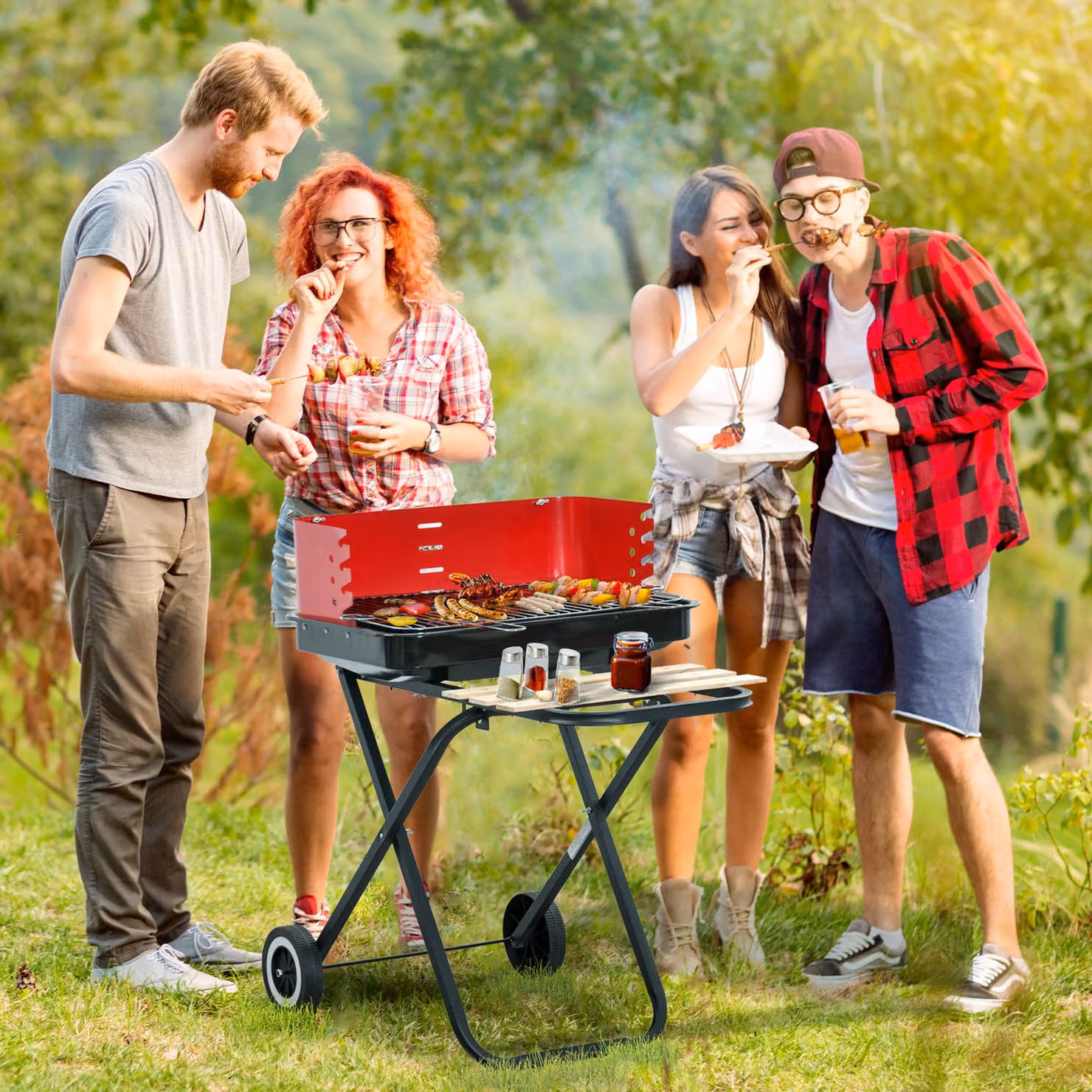 Outsunny Foldable Charcoal Barbecue Trolley Grill with Wheels in Black and Red – 3