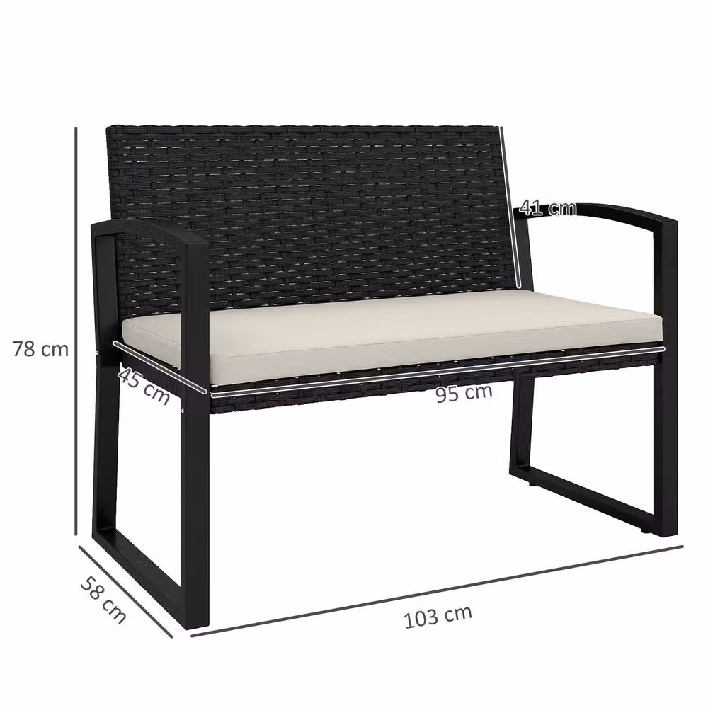 OUTSUNNY 2 Seater Rattan Garden Bench with Cushions and Armrests, Black and Beige – 3