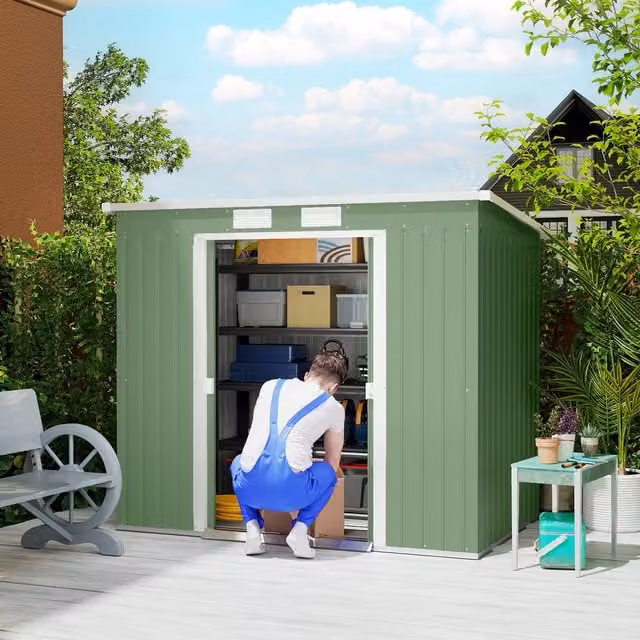 OUTSUNNY Green Metal Pent Garden Storage Shed with Double Doors