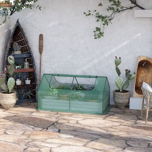 Outsunny Green Steel Raised Bed Planter Box with Roll Up Plastic Window