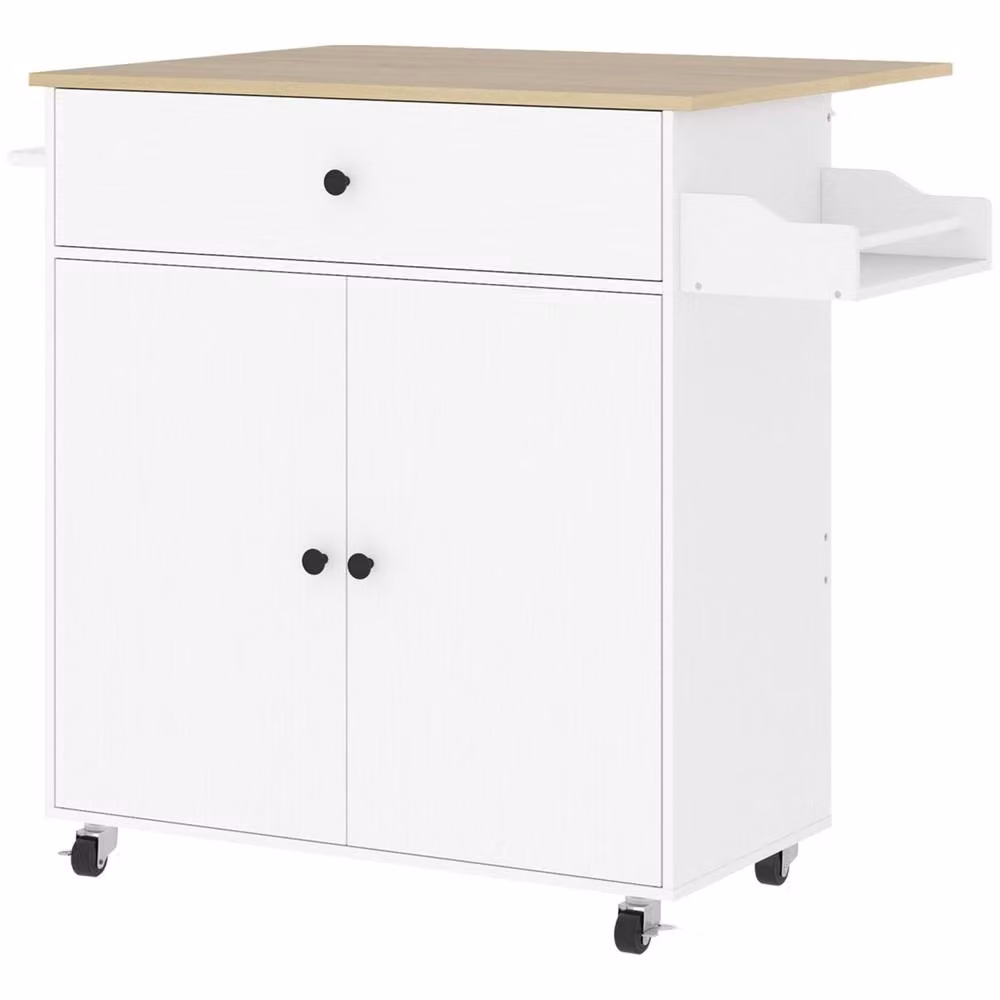 Wyld Haus Seto White and Oak Rolling Kitchen Island with Drop Leaf Countertop and Drawer, W/D/H: 106 x 42 x 87 cm – 2