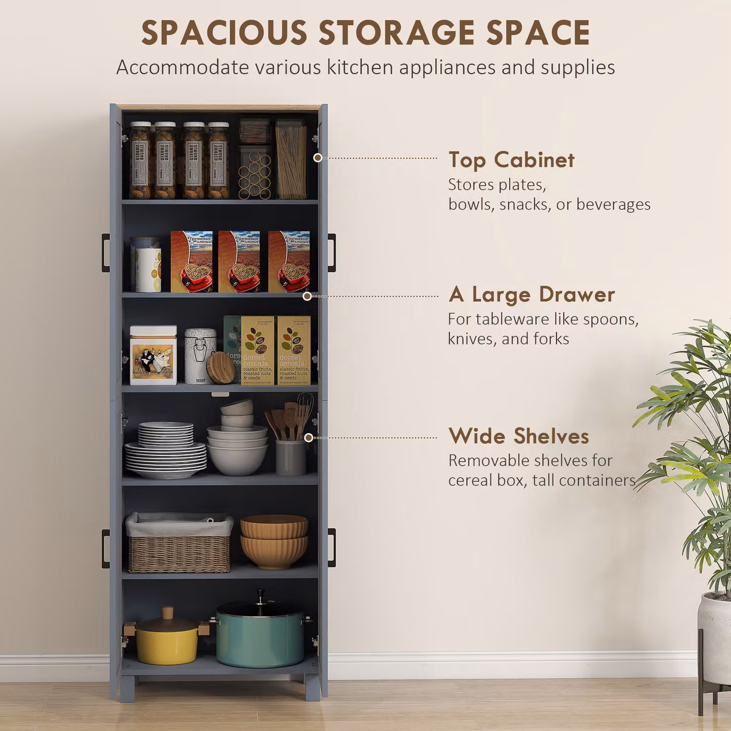 HOMCOM Modern Freestanding Kitchen Cupboard and Pantry Tall Unit with 4 Hinged Doors and Internal Shelves, Grey Wood Effect, Height: 170 cm – 4