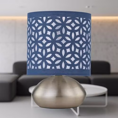 First Choice Lighting Jenson Set of 2 Brushed Chrome Touch Table Lamps with Blue Fabric Cut Out Shades – 3