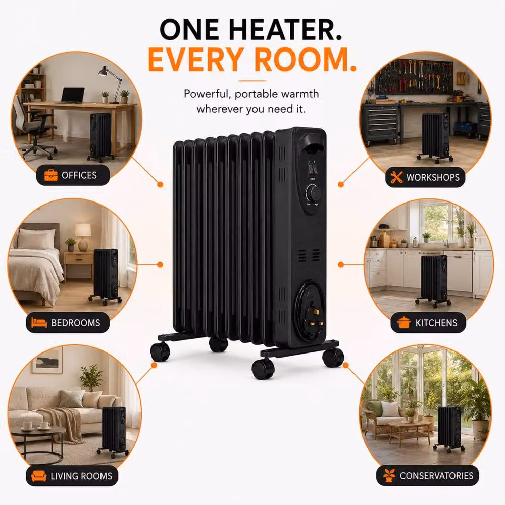 MYLEK 2.5kW Electric Oil Filled Radiator with Adjustable Thermostat in Black – 5