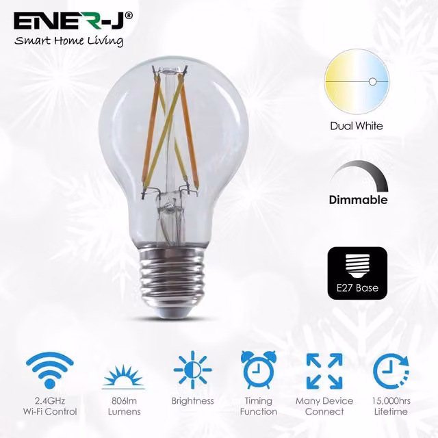 ENER-J Smart WiFi E27 Filament LED Bulb, 8.5W, Colour Changing and Dimmable, White/Transparent – 1