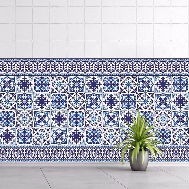 Walplus Blue and White Mediterranean Geometric Adhesive Wall Tile Stickers, 24 Pack, W/D/H: 10 x 10 x 10 cm