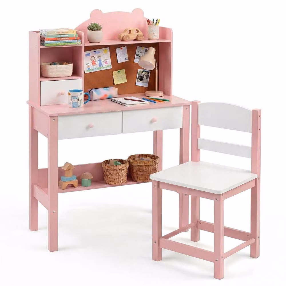 SPETLEK Pink Wooden Desk and Chair Set for Home Office – 2