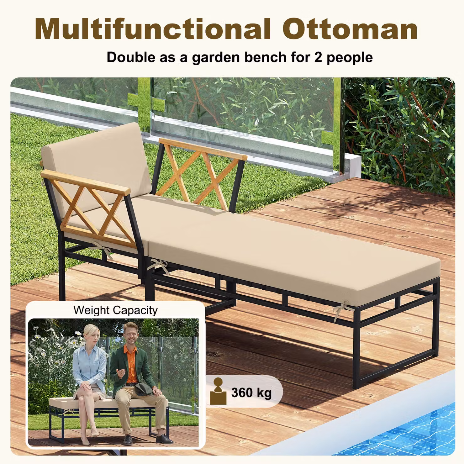 Costway 2 Piece Patio Furniture Set with Acacia Wood Armchairs and Matching Ottoman in Brown and Beige – 3