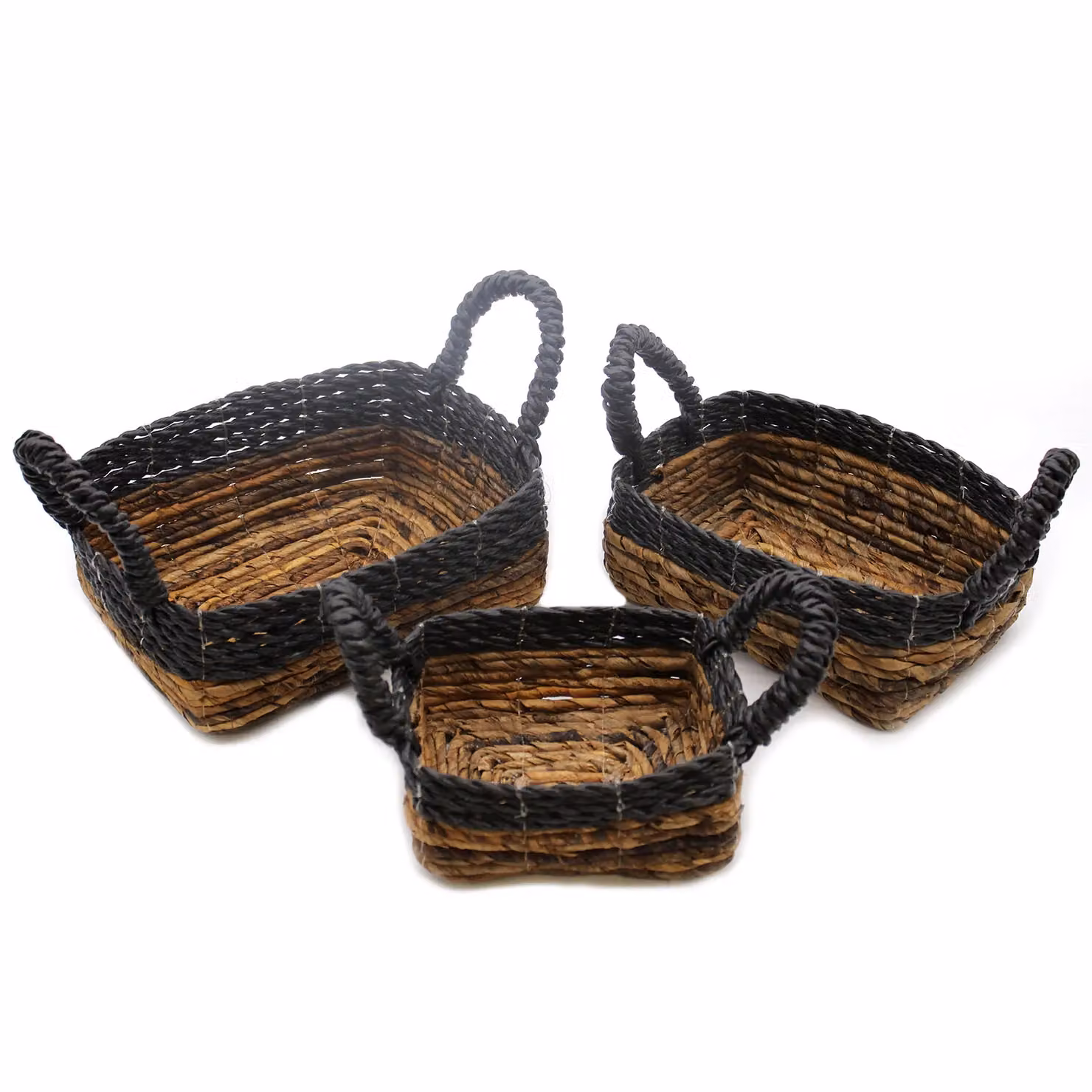 KDMD Set of 3 Banana Leaf and Hitam Raffia Square Open Weave Seagrass Baskets in Black and Multicolour – 2