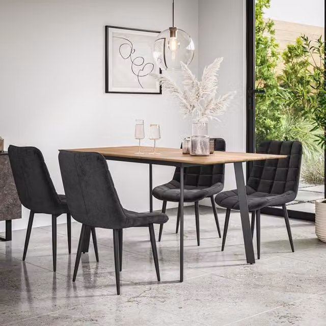 More4Homes Haydon Extending Dining Table and Set of 4 Nova Velvet Dining Chairs, Oak Effect Top with Black Legs, W/D/H: 120 x 80 x 76 cm