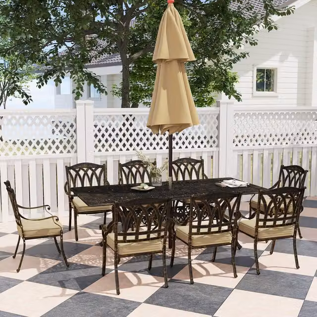 Outsunny 9 Piece Garden Dining Set with Cushions and Parasol Hole in Bronze Tone