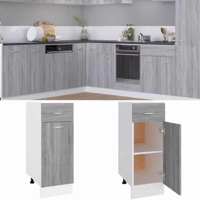 Berkfield Home Grey Sonoma Kitchen Base Unit with Drawers and Hinged Doors, W/D/H: 30 x 46 x 81.5 cm – 1