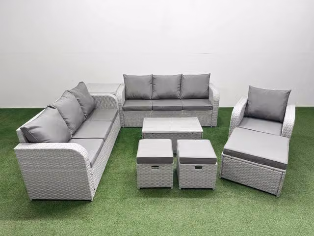 Fimous 10 Seater Poly Rattan Garden Furniture Set in Light Grey with Upholstered Cushions, 3 Seater Sofas, Reclining Chairs, Stools and Side Table