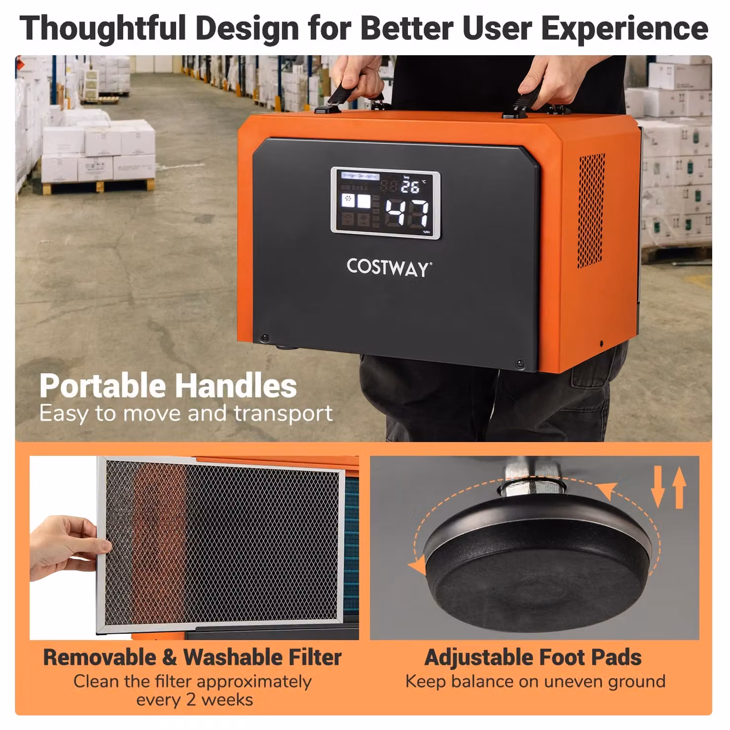 Costway 60L Commercial Crawl Space Dehumidifier with Drain Hose, Orange – 2