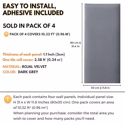 Novecrafto Set of 4 Velvet Upholstered Wall Panels in Grey, W: 80 cm, H: 30 cm – 3