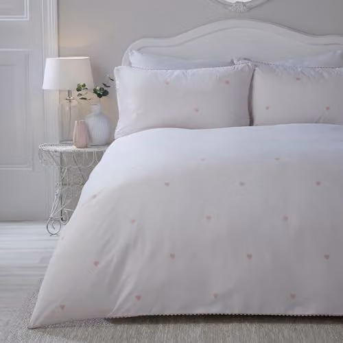 J Rosenthal & Son Serene Reversible Heart Print Duvet Cover and Pillowcase Set in White and Pink, W/H: 200 x 200 cm