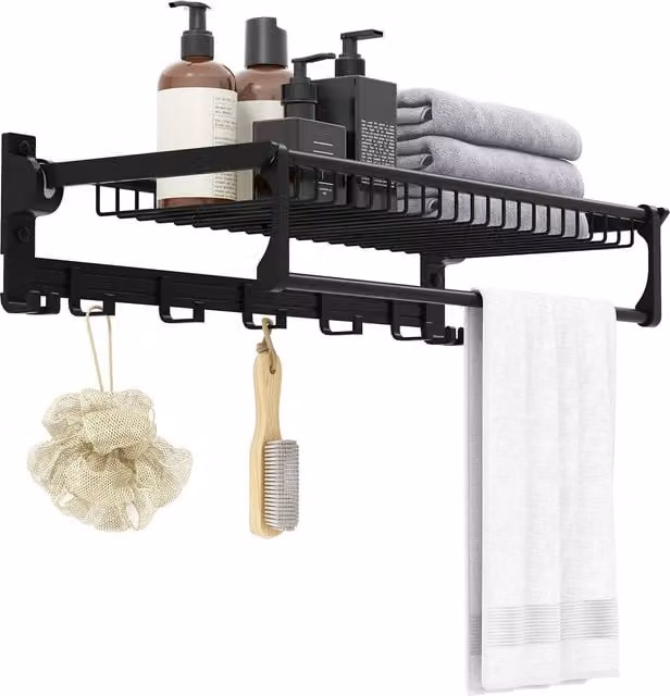 Costway Foldable Wall Mounted Bathroom Towel Rack with Adjustable Bar and Hooks, Black, W: 104 cm, H: 119 cm