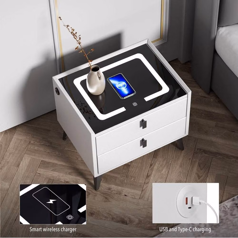 VOGREX Modern White Glossy LED Bedside Table with Integrated Lighting and 2 Drawers W: 100 cm, H: 80 cm – 3