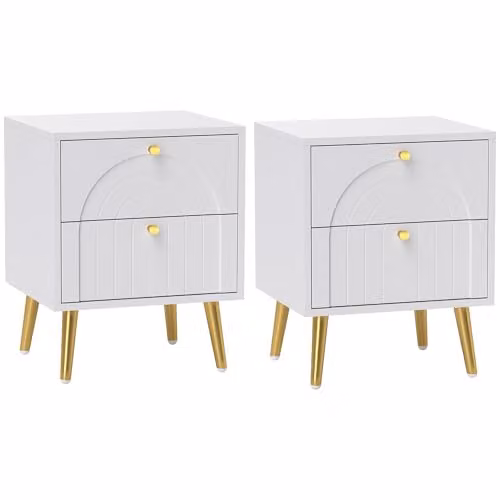 HOMCOM Set of 2 Modern Bedside Cabinets in White and Gold, W/D/H: 40 x 35 x 50 cm
