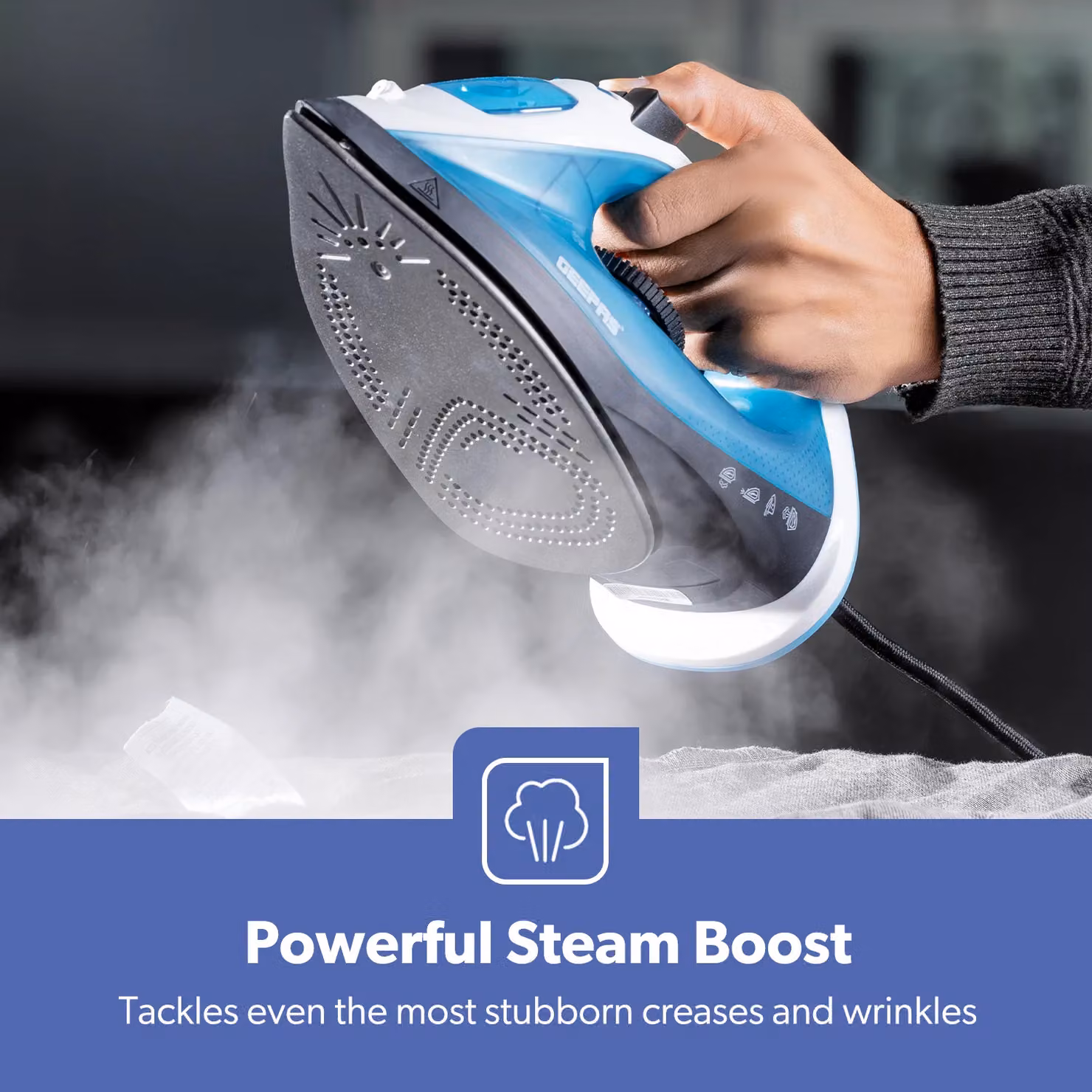 Geepas 1800W Steam Iron with Non-Stick Soleplate and Vertical Steam in Blue – 3
