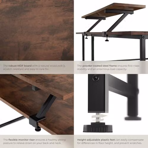 tectake Melrose Corner Desk with Movable Monitor Stand in Brown and Black, W/D/H: 140 x 130 x 76.5 cm – 5