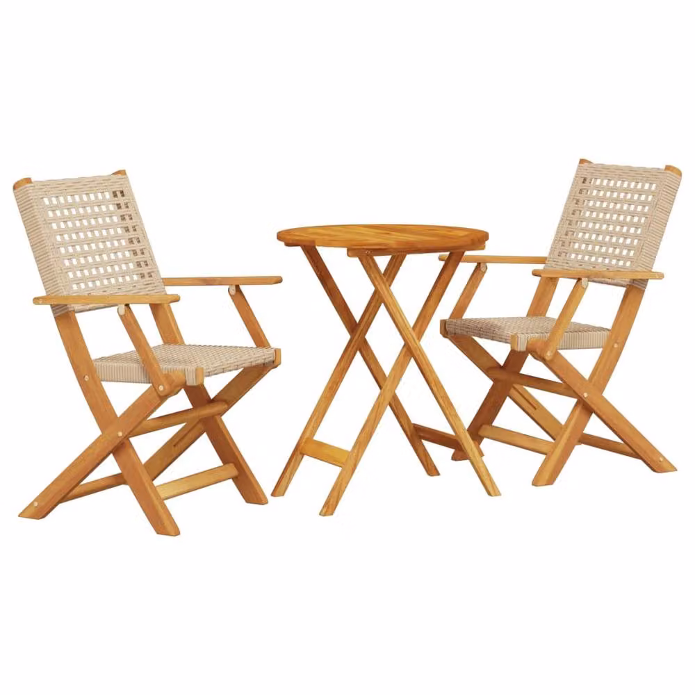 Berkfield Home Beautiful 3 Piece Beige Poly Rattan and Oiled Acacia Wood Bistro Set – 2