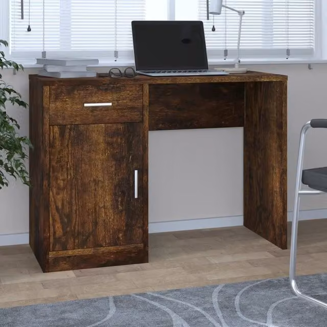 Berkfield Home Computer Desk with Drawer and Cabinet in Smoked Oak Brown, W/D/H: 100 x 40 x 73 cm – 1