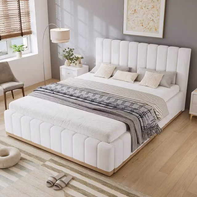 Rolipo Beige Double Upholstered Bed Frame with Soft PU Headboard, W/D/H: 135 x 190 cm