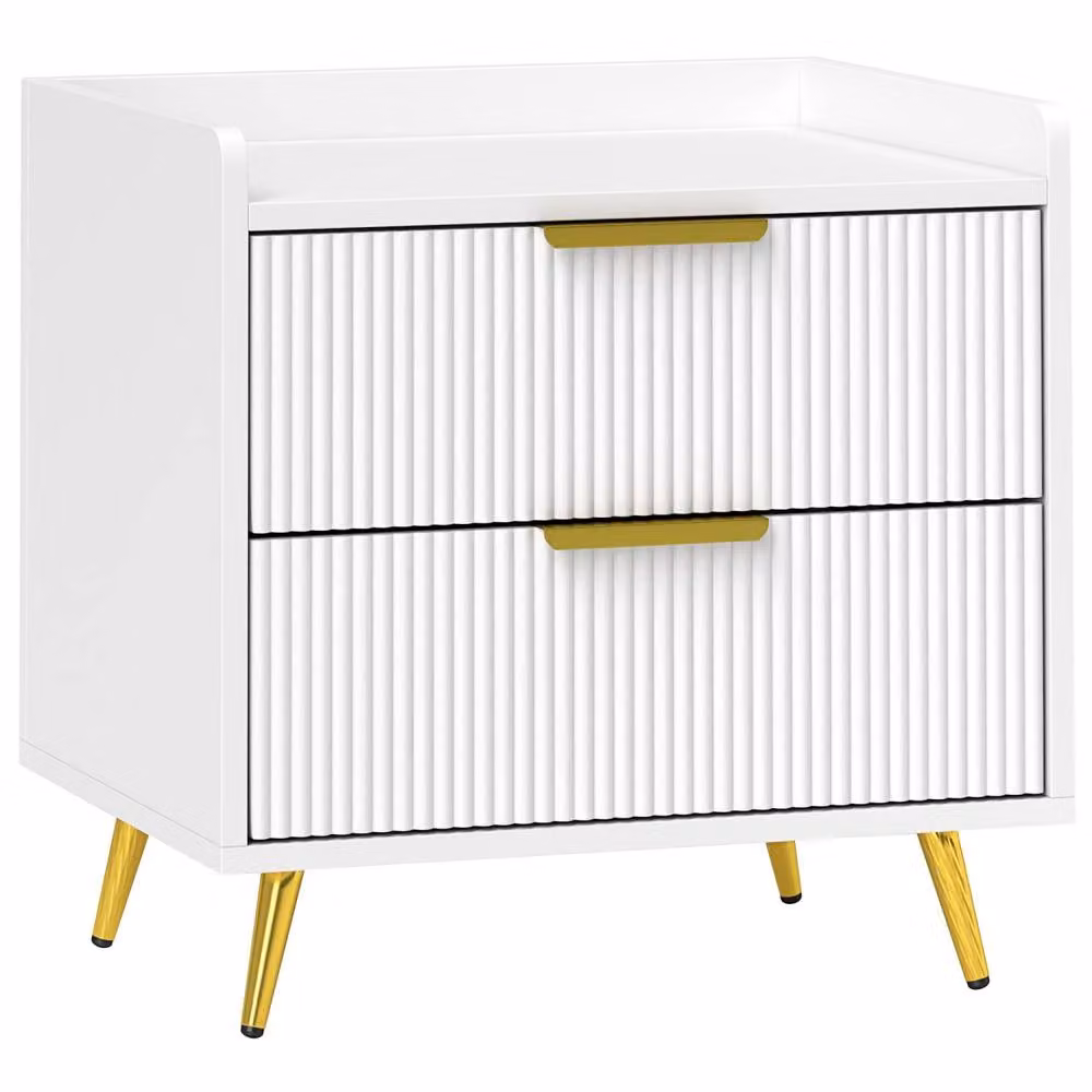 Wyld Haus Yoha White Ribbed 2 Drawer Bedside Table with Gold Handles – 2