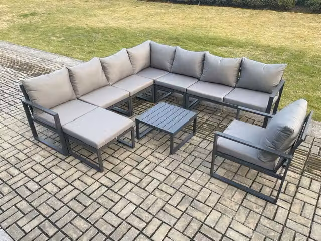 Fimous Modern L-Shape Outdoor Garden Furniture Set in Dark Grey with Powder Coated Aluminium Frame, Coffee Table and Ottoman