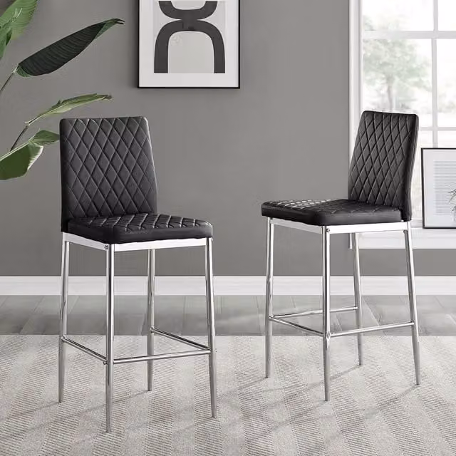 FurnitureboxUK Milan Bar Stools in Black Faux Leather with Silver Metal Legs, Set of 2