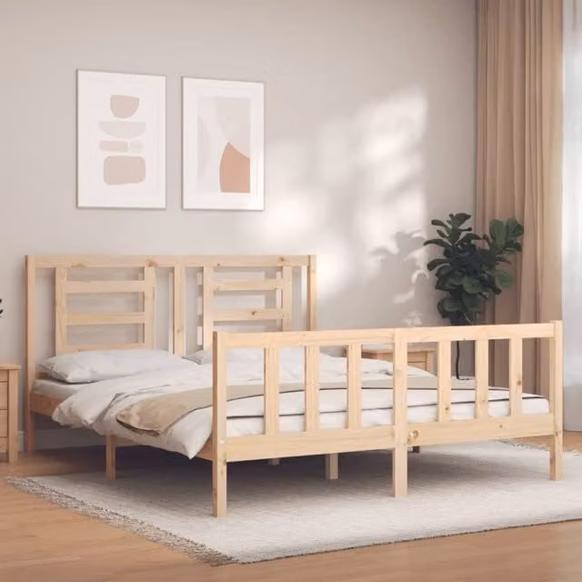 Berkfield Home Solid Wood Bed Frame with Headboard in Brown, 160 x 200 cm