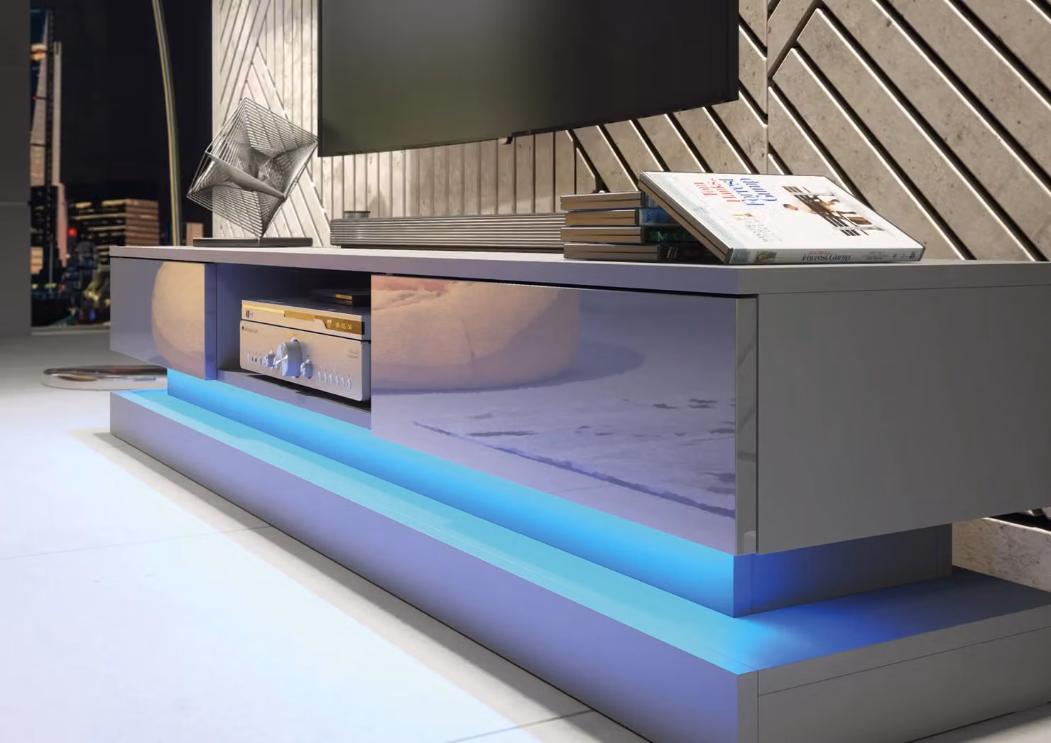 Creative Furniture Bloom Modern Glossy TV Unit in Grey with Integrated Lighting, W: 180 cm, D: 35 cm, H: 36 cm – 3