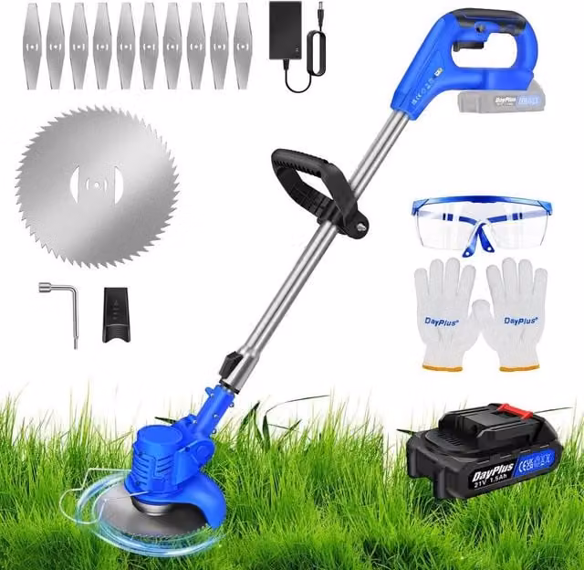 EONLION Cordless Electric Grass Trimmer in Blue with 21V Rechargeable Battery and Spare Battery