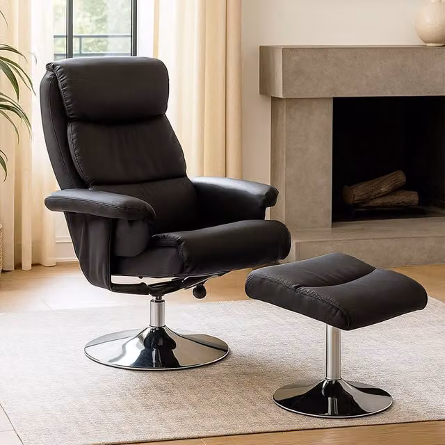 Orsina Black Leather Effect Reclining Chair and Matching Footstool