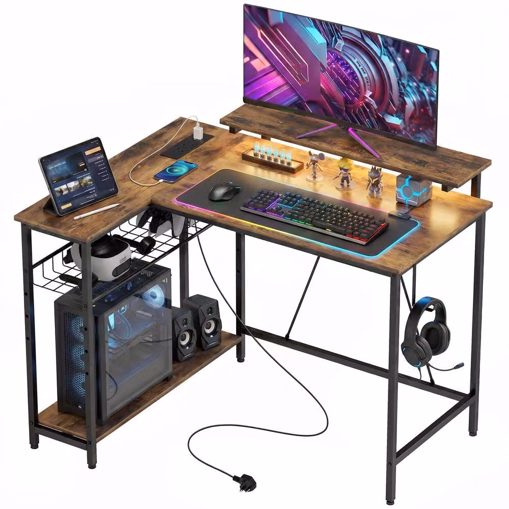 Rolipo Reversible L-Shaped Gaming Desk with LED Lights in Brown – 2