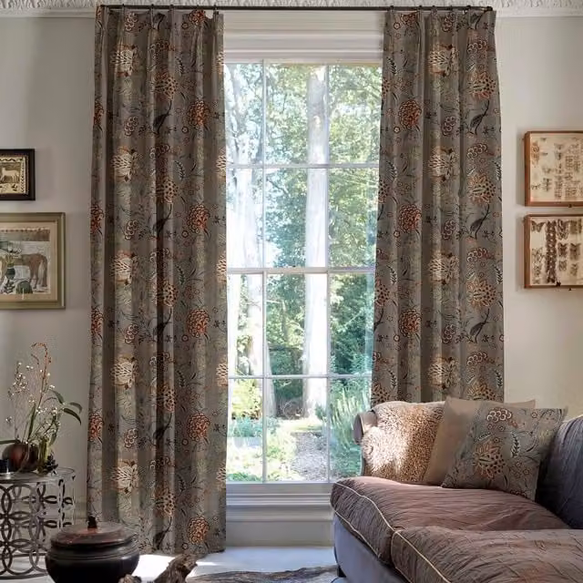 Linda Barker Home Chennai Made To Measure Blackout Floral Linen Curtains in Mushroom Beige and Brown