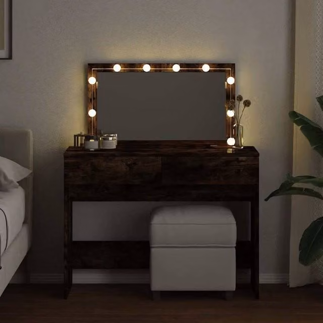 Berkfield Home Beautiful Modern LED Dressing Table in Smoked Oak Brown, W/D/H: 100 x 40 x 120 cm